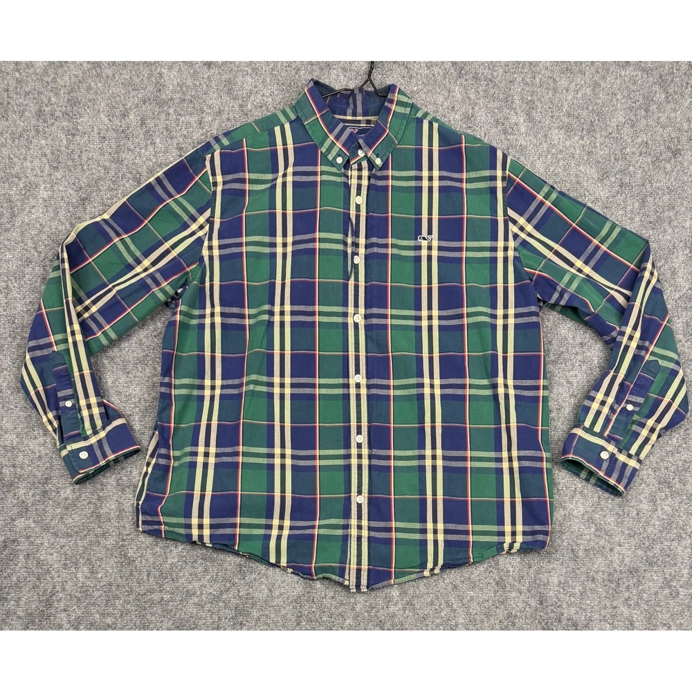 Vineyard Vines Mens 2XL Slim Fit Whale Shirt Green Blue Plaid Cotton Button Down